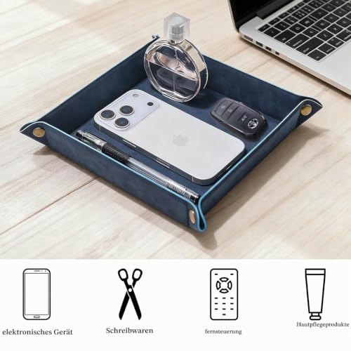 Taschenleerer - Tablett Organizer, Ablage Aufbewahrungsbox, Kunstleder Ablageschale Schlüsselschale für Uhren Handy Schmuck Schlüssel Münzen Geldbörse und Büroausstattung，Blau