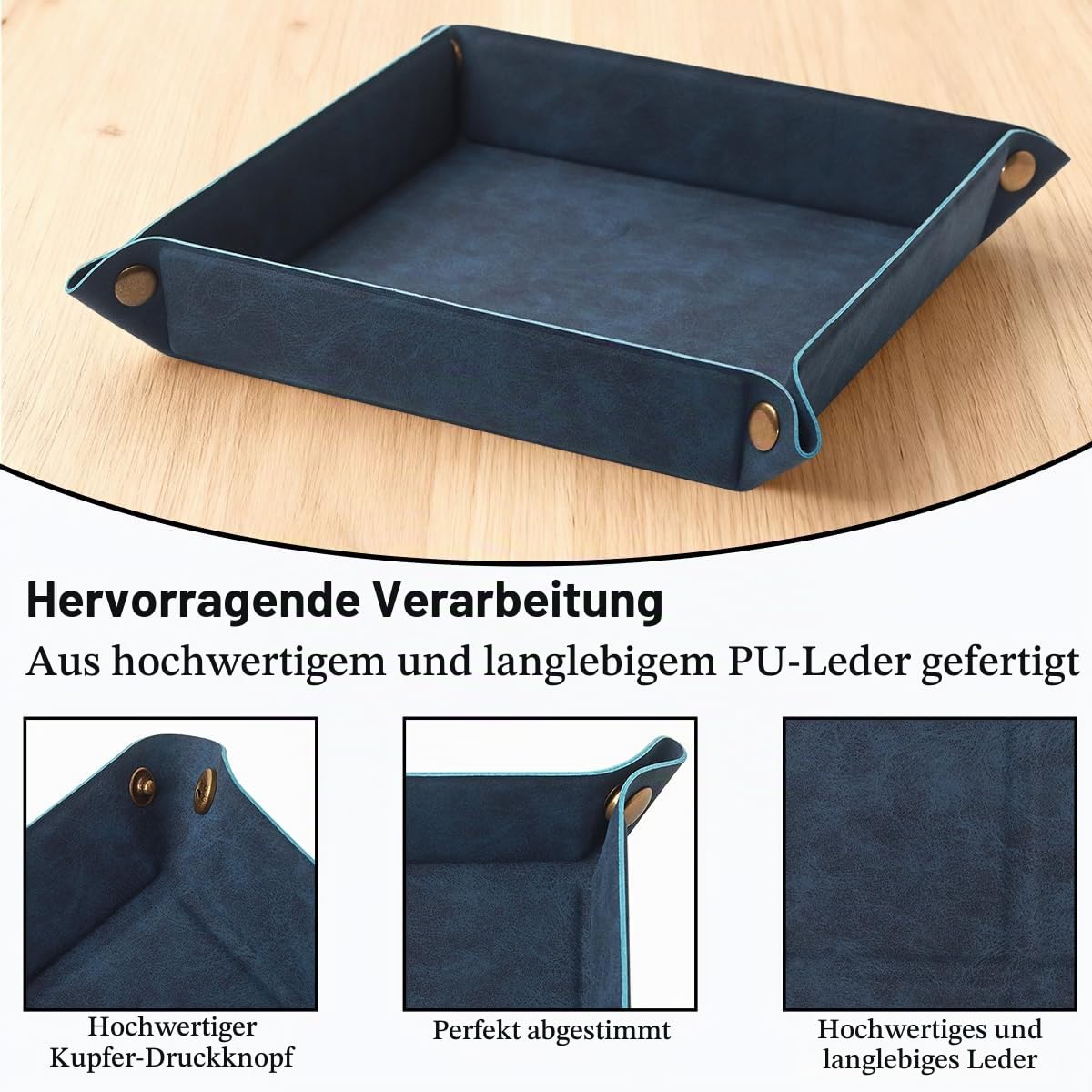 Taschenleerer - Tablett Organizer, Ablage Aufbewahrungsbox, Kunstleder Ablageschale Schlüsselschale für Uhren Handy Schmuck Schlüssel Münzen Geldbörse und Büroausstattung，Blau