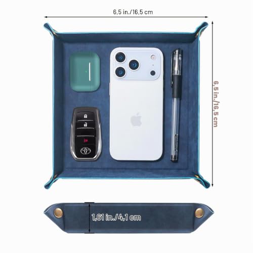 Taschenleerer - Tablett Organizer, Ablage Aufbewahrungsbox, Kunstleder Ablageschale Schlüsselschale für Uhren Handy Schmuck Schlüssel Münzen Geldbörse und Büroausstattung，Blau