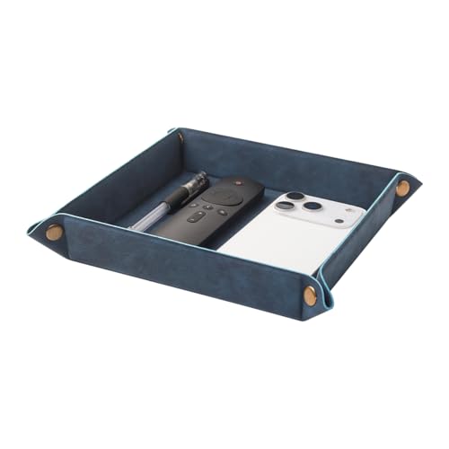 Taschenleerer - Tablett Organizer, Ablage Aufbewahrungsbox, Kunstleder Ablageschale Schlüsselschale für Uhren Handy Schmuck Schlüssel Münzen Geldbörse und Büroausstattung，Blau