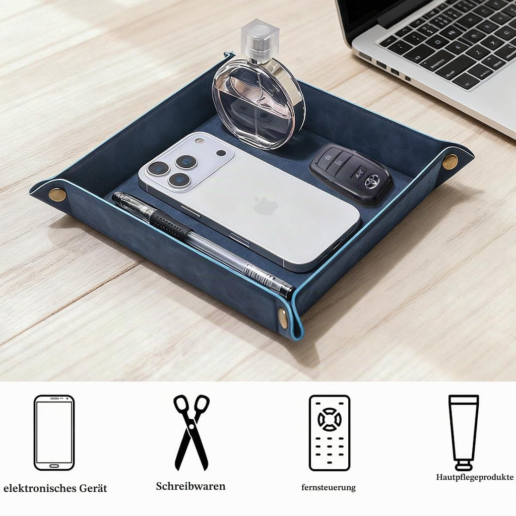 Taschenleerer - Tablett Organizer, Ablage Aufbewahrungsbox, Kunstleder Ablageschale Schlüsselschale für Uhren Handy Schmuck Schlüssel Münzen Geldbörse und Büroausstattung，Blau