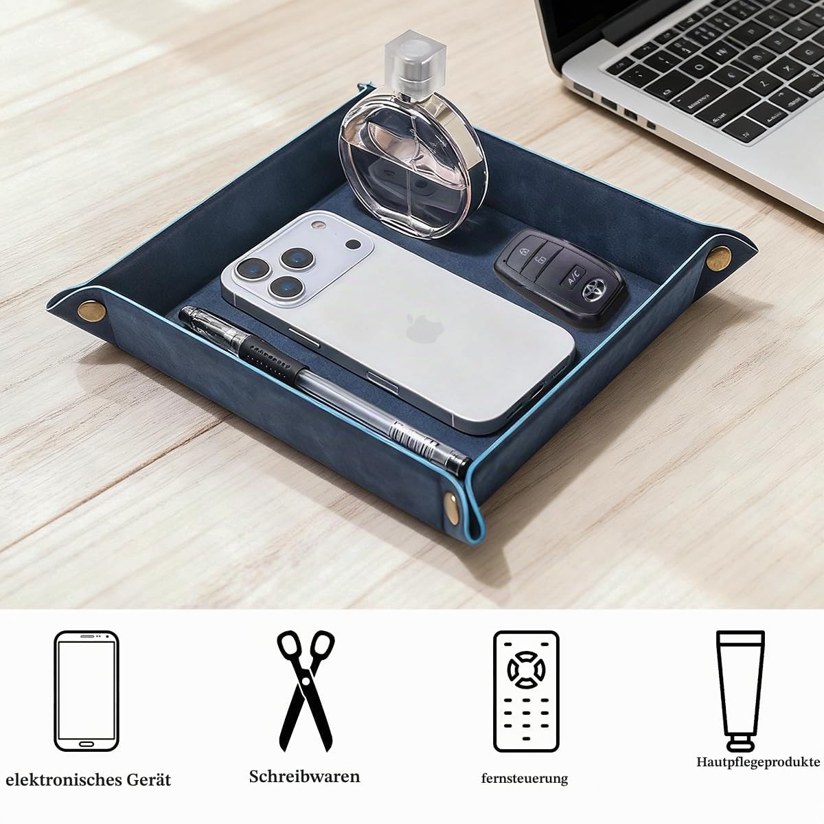Taschenleerer - Tablett Organizer, Ablage Aufbewahrungsbox, Kunstleder Ablageschale Schlüsselschale für Uhren Handy Schmuck Schlüssel Münzen Geldbörse und Büroausstattung，Blau