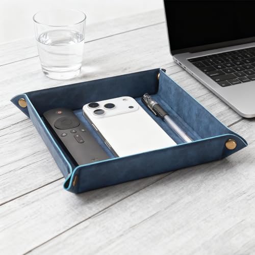 Taschenleerer - Tablett Organizer, Ablage Aufbewahrungsbox, Kunstleder Ablageschale Schlüsselschale für Uhren Handy Schmuck Schlüssel Münzen Geldbörse und Büroausstattung，Blau