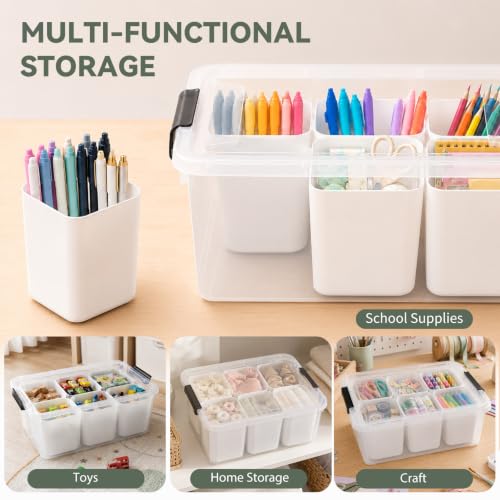 Aufbewahrungsbox mit Deckel, Plastikboxen mit Deckel, mit 6 herausnehmbaren Fächern, auch als Stiftehalter nutzbar, ideal zur Aufbewahrung von Schreibwaren, Bastelmaterial, Nähzubehör und Kleinteilen
