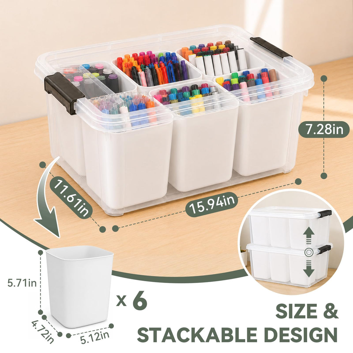 Aufbewahrungsbox mit Deckel, Plastikboxen mit Deckel, mit 6 herausnehmbaren Fächern, auch als Stiftehalter nutzbar, ideal zur Aufbewahrung von Schreibwaren, Bastelmaterial, Nähzubehör und Kleinteilen