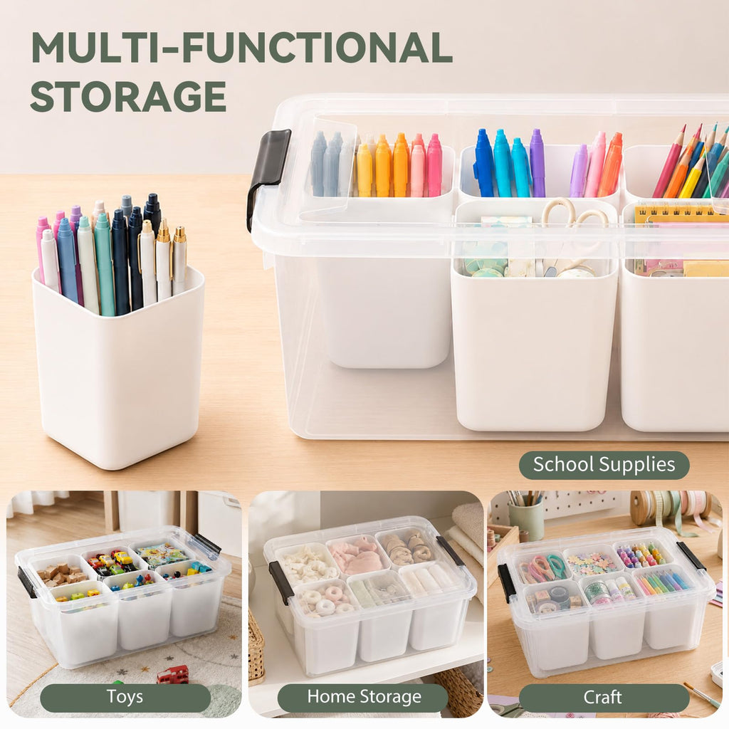 Aufbewahrungsbox mit Deckel, Plastikboxen mit Deckel, mit 6 herausnehmbaren Fächern, auch als Stiftehalter nutzbar, ideal zur Aufbewahrung von Schreibwaren, Bastelmaterial, Nähzubehör und Kleinteilen