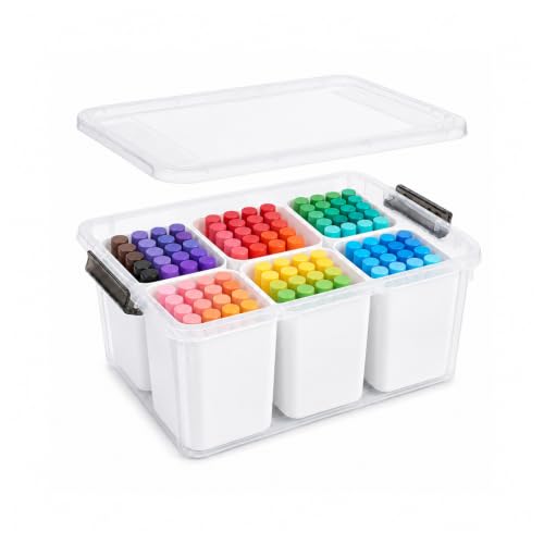 Aufbewahrungsbox mit Deckel, Plastikboxen mit Deckel, mit 6 herausnehmbaren Fächern, auch als Stiftehalter nutzbar, ideal zur Aufbewahrung von Schreibwaren, Bastelmaterial, Nähzubehör und Kleinteilen