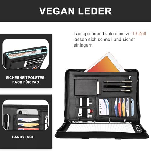 Leathario Schreibmappe A4 mit 5er Register DIN A4，Konferenzmappe mit 4 Ringbuch，Dokumentenmappe mit Reißverschluss，Griff，Klemmbrett,Ordner für Meeting, Business,Mappe für Schule, Uni Schwarz