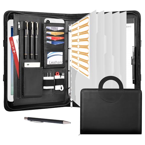 Leathario Schreibmappe A4 mit 5er Register DIN A4，Konferenzmappe mit 4 Ringbuch，Dokumentenmappe mit Reißverschluss，Griff，Klemmbrett,Ordner für Meeting, Business,Mappe für Schule, Uni Schwarz