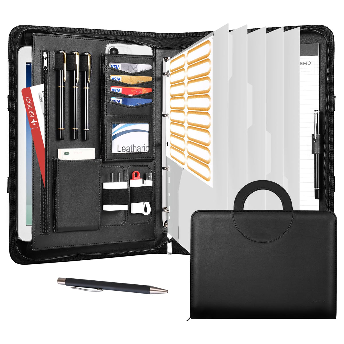 Leathario Schreibmappe A4 mit 5er Register DIN A4，Konferenzmappe mit 4 Ringbuch，Dokumentenmappe mit Reißverschluss，Griff，Klemmbrett,Ordner für Meeting, Business,Mappe für Schule, Uni Schwarz