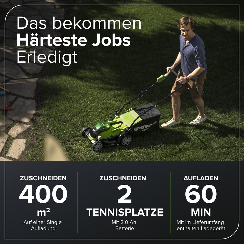 Greenworks 40V Kabelloser Akku Rasenmäher für Flächen bis zu 200 m², 35 cm Schnittbreite, 40-Liter-Sack PLUS 40 V 2Ah-Akku & Ladegerät, 3 Jahre Garantie-G40LM35K2