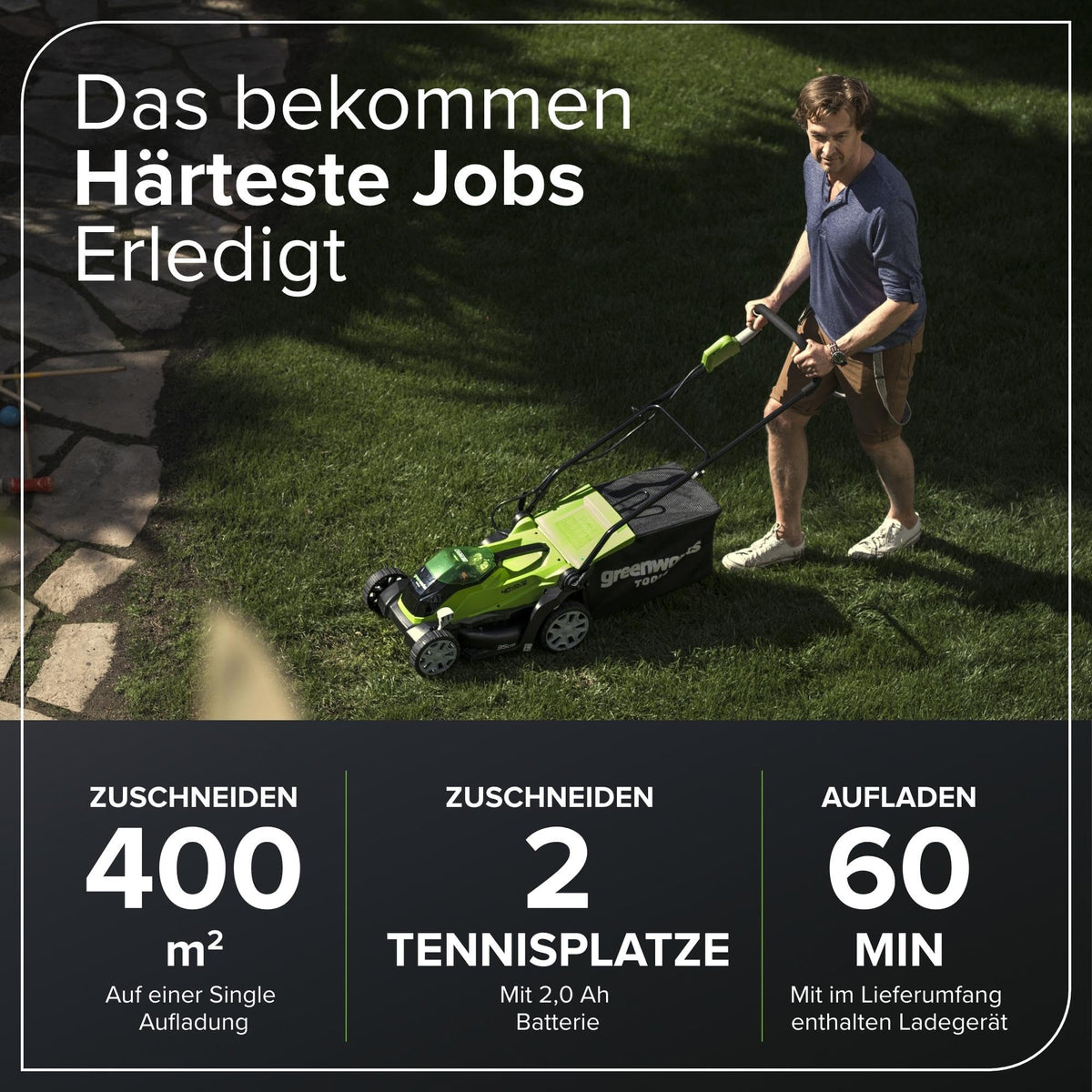 Greenworks 40V Kabelloser Akku Rasenmäher für Flächen bis zu 200 m², 35 cm Schnittbreite, 40-Liter-Sack PLUS 40 V 2Ah-Akku & Ladegerät, 3 Jahre Garantie-G40LM35K2