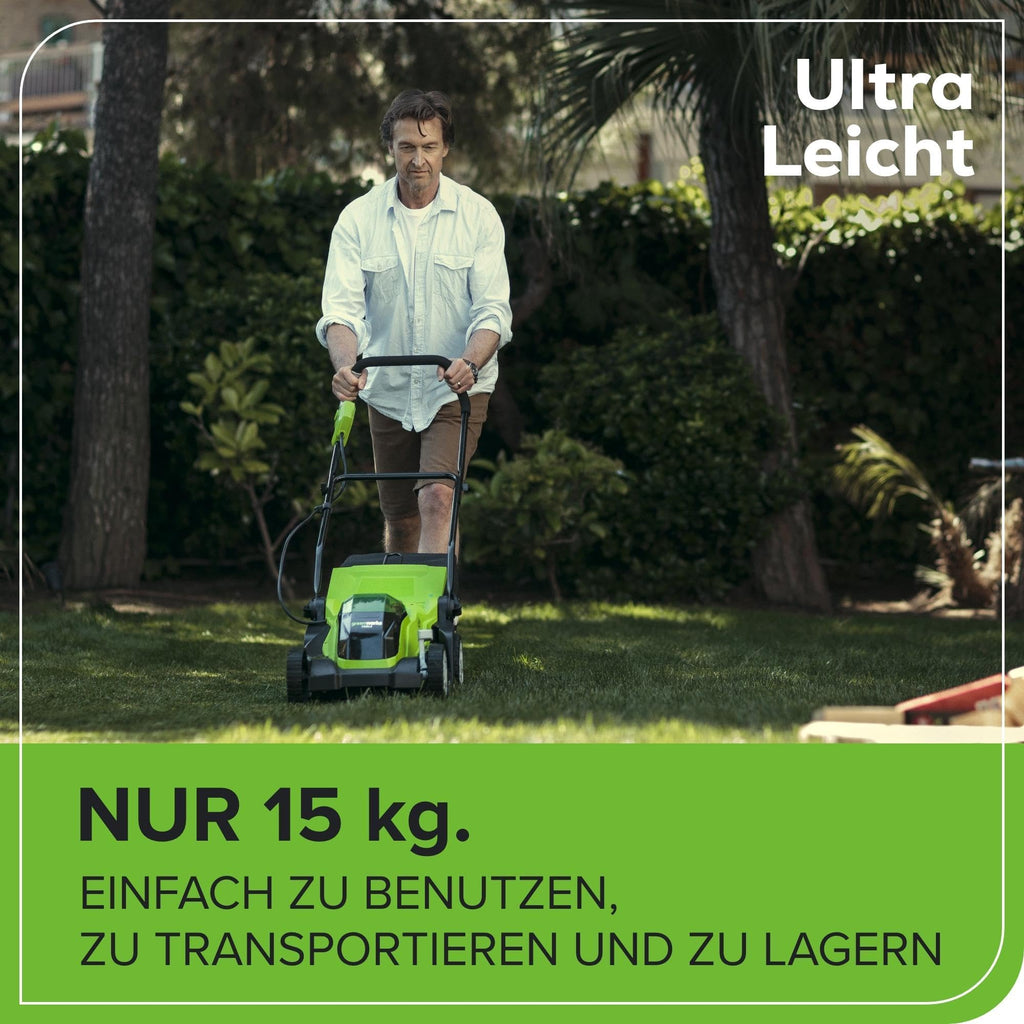 Greenworks 40V Kabelloser Akku Rasenmäher für Flächen bis zu 200 m², 35 cm Schnittbreite, 40-Liter-Sack PLUS 40 V 2Ah-Akku & Ladegerät, 3 Jahre Garantie-G40LM35K2