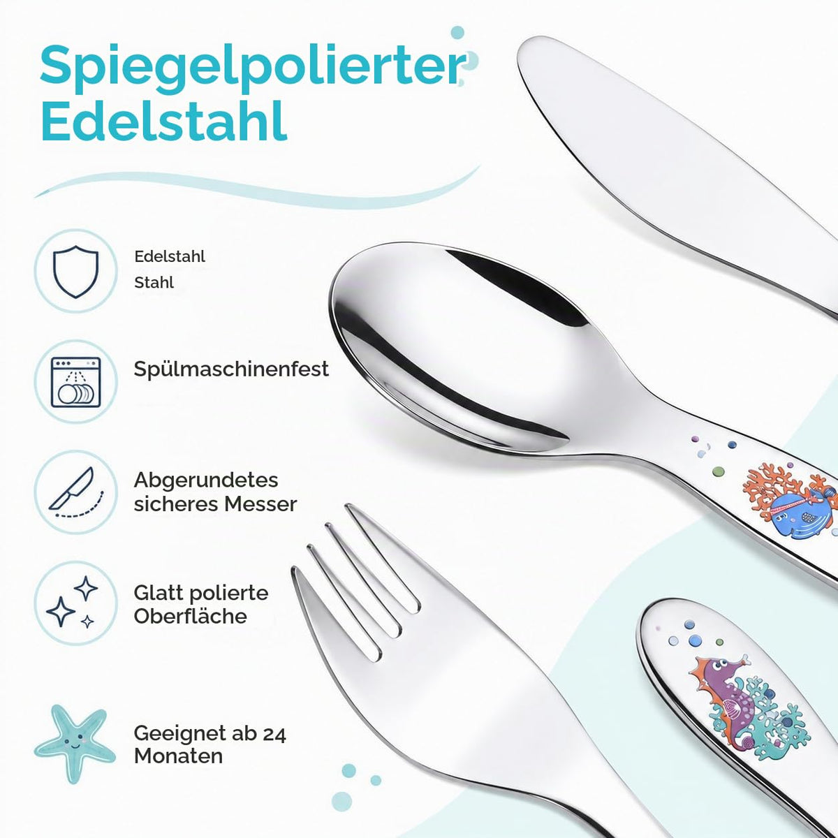 EXZACT Kinderbesteck 4 tlg Edelstahl Sea Tiere für Familienessen