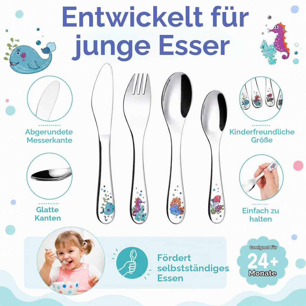 EXZACT Kinderbesteck 4 tlg Edelstahl Sea Tiere für Familienessen