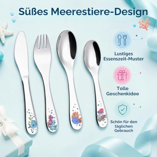 EXZACT Kinderbesteck 4 tlg Edelstahl Sea Tiere für Familienessen