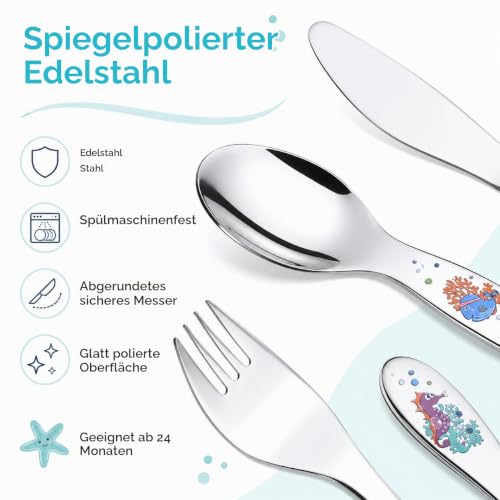 EXZACT Kinderbesteck 4 tlg Edelstahl Sea Tiere für Familienessen