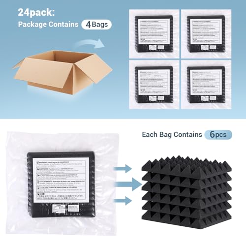 Ohuhu Schallschutzplatten 24 Stück mit Aufkleber, 30 x 30 x 5 cm Akustikschaumstoff Pyramidenplatten Schalldämmung Akustikpaneele für Tonstudio Podcasts Youtube-Zimmer
