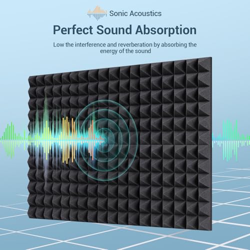 Ohuhu Schallschutzplatten 24 Stück mit Aufkleber, 30 x 30 x 5 cm Akustikschaumstoff Pyramidenplatten Schalldämmung Akustikpaneele für Tonstudio Podcasts Youtube-Zimmer