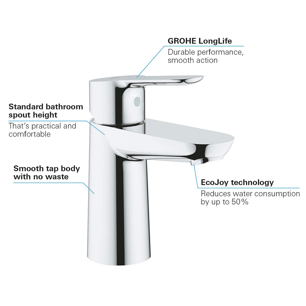 GROHE BauEdge, Waschtischarmatur, wassersparend (Wasserhahn für das Bad, 15cm hoch, mit Keramikkartusche, einfache Installation am Waschbecken), chrom, 23330000