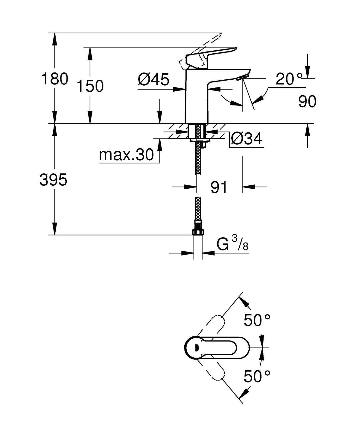 GROHE BauEdge, Waschtischarmatur, wassersparend (Wasserhahn für das Bad, 15cm hoch, mit Keramikkartusche, einfache Installation am Waschbecken), chrom, 23330000