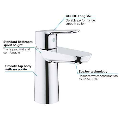 GROHE BauEdge, Waschtischarmatur, wassersparend (Wasserhahn für das Bad, 15cm hoch, mit Keramikkartusche, einfache Installation am Waschbecken), chrom, 23330000