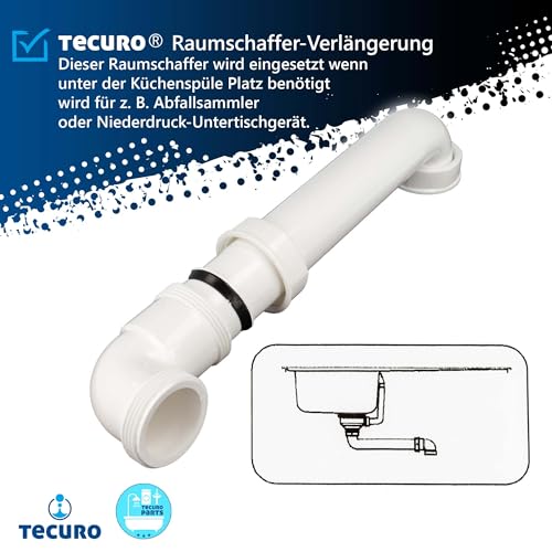 tecuro Raumsparsiphon für die Spüle, 1 1/2 Zoll Anschluss, Siphon Abwasser Rohr 40 mm, Länge max. 300 mm, kürzbar, Kunststoff weiß,