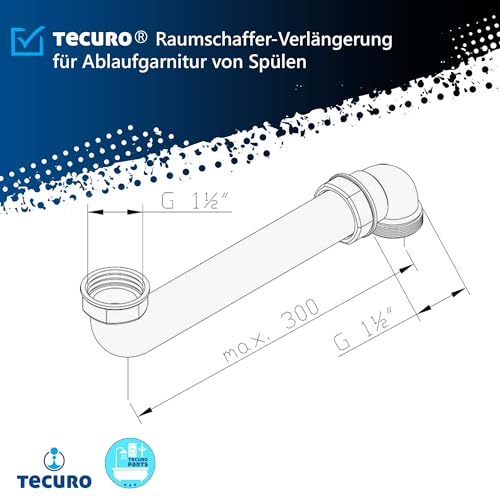 tecuro Raumsparsiphon für die Spüle, 1 1/2 Zoll Anschluss, Siphon Abwasser Rohr 40 mm, Länge max. 300 mm, kürzbar, Kunststoff weiß,