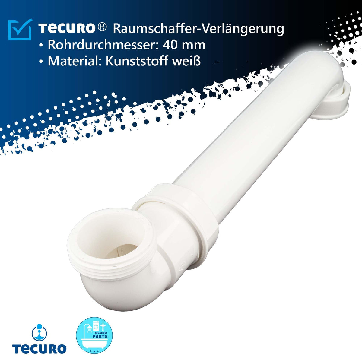tecuro Raumsparsiphon für die Spüle, 1 1/2 Zoll Anschluss, Siphon Abwasser Rohr 40 mm, Länge max. 300 mm, kürzbar, Kunststoff weiß,