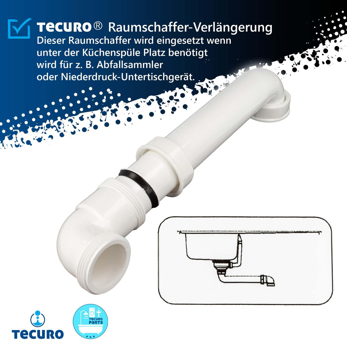 tecuro Raumsparsiphon für die Spüle, 1 1/2 Zoll Anschluss, Siphon Abwasser Rohr 40 mm, Länge max. 300 mm, kürzbar, Kunststoff weiß,