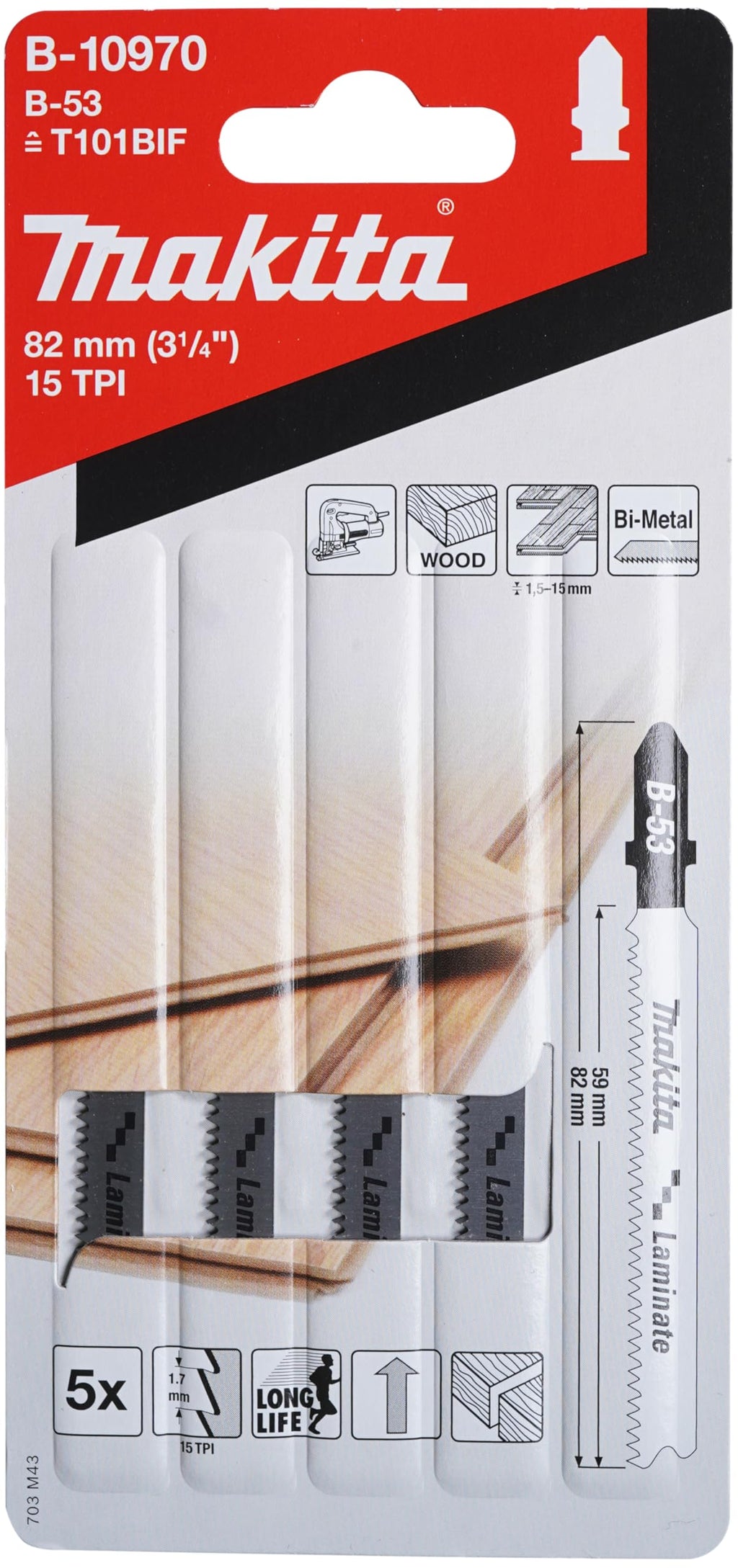 Makita B-10986 Stichsägeblatt B-54 BiM 5 Stück, spitz verzahntes Kurvenblatt, ideal für saubere Kurvenschnitte in Laminat von 1,5 bis 15 mm Materialstärke