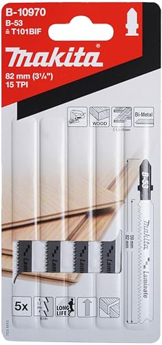Makita B-10986 Stichsägeblatt B-54 BiM 5 Stück, spitz verzahntes Kurvenblatt, ideal für saubere Kurvenschnitte in Laminat von 1,5 bis 15 mm Materialstärke