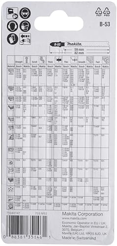 Makita B-10986 Stichsägeblatt B-54 BiM 5 Stück, spitz verzahntes Kurvenblatt, ideal für saubere Kurvenschnitte in Laminat von 1,5 bis 15 mm Materialstärke