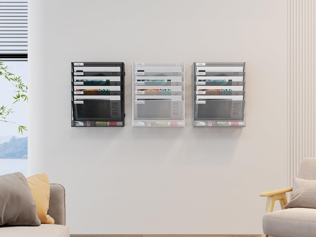 EasyPAG 6 Fächer Zusammensetzen Metall A4 Zeitschriftenhalter Wand Zeitschriften Wandhalter Aktenablage Dokumentenhalter Hängend Magazin Organizer Flyerständer Prospektspender,Weiß