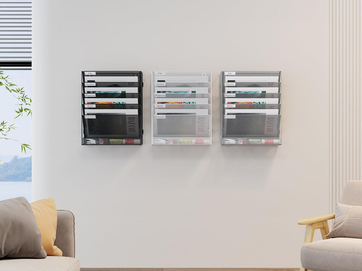 EasyPAG 6 Fächer Zusammensetzen Metall A4 Zeitschriftenhalter Wand Zeitschriften Wandhalter Aktenablage Dokumentenhalter Hängend Magazin Organizer Flyerständer Prospektspender,Weiß