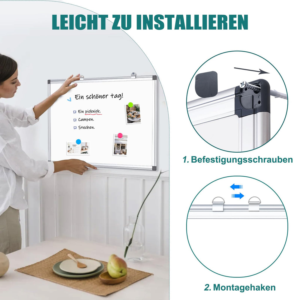 Magnetisch Whiteboard, 40x60cm Magnettafel mit Aluminiumrahmen, Magnetwand White Board mit Stiftablage und Haken