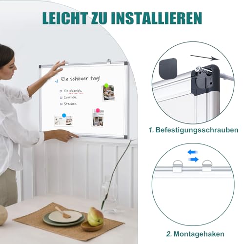 Magnetisch Whiteboard, 40x60cm Magnettafel mit Aluminiumrahmen, Magnetwand White Board mit Stiftablage und Haken