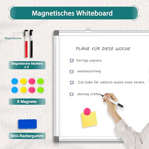 Magnetisch Whiteboard, 40x60cm Magnettafel mit Aluminiumrahmen, Magnetwand White Board mit Stiftablage und Haken