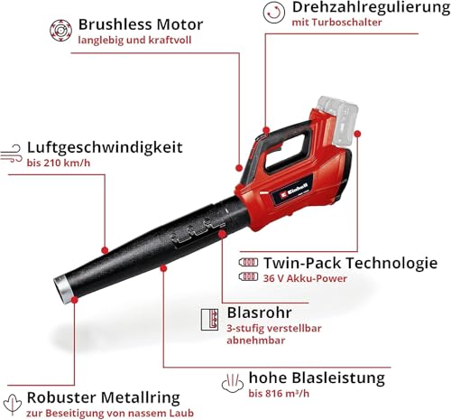 Einhell Professional Akku-Laubbläser GP-LB 36/210 Li E-Solo Power X-Change (Lithium-Ionen, 816m³/h Blasleistung, Turboschalter, 3-stufiges + abnehmbares Rohr, ohne Akku und Ladegerät)