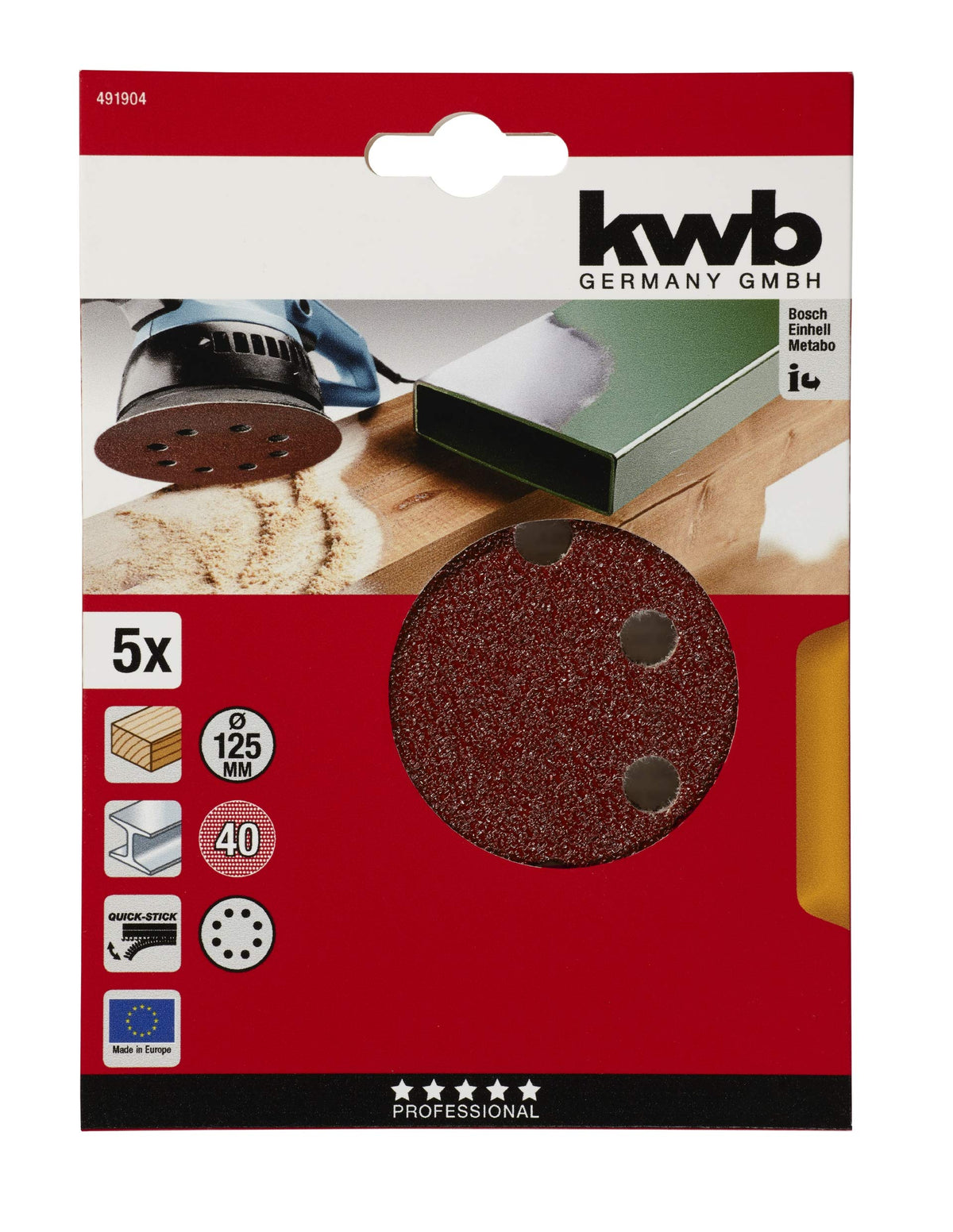 kwb Schleifscheibe Ø 125 mm aus Edelkorund mit Körnung 40, werkzeugloser Wechsel, hochwertige Kunstharz-Verleimung und verstärkter Papierträger für den groben Schliff von Holz und Metall