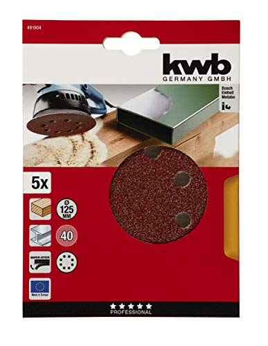 kwb Schleifscheibe Ø 125 mm aus Edelkorund mit Körnung 40, werkzeugloser Wechsel, hochwertige Kunstharz-Verleimung und verstärkter Papierträger für den groben Schliff von Holz und Metall