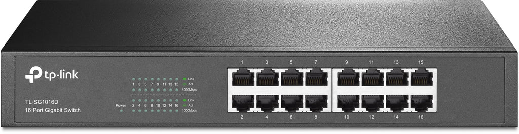 TP-Link TL-SG1016D 16-Port Gigabit-/Netzwerk Switch (Rackmount, 32Gbit/S Switching-Kapazität, Geschirmte RJ-45 Ports, Metallgehäuse, Igmp-Snooping, Unmanaged, Plug-und-Play) Schwarz