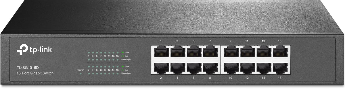 TP-Link TL-SG1016D 16-Port Gigabit-/Netzwerk Switch (Rackmount, 32Gbit/S Switching-Kapazität, Geschirmte RJ-45 Ports, Metallgehäuse, Igmp-Snooping, Unmanaged, Plug-und-Play) Schwarz