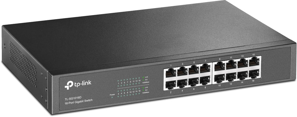 TP-Link TL-SG1016D 16-Port Gigabit-/Netzwerk Switch (Rackmount, 32Gbit/S Switching-Kapazität, Geschirmte RJ-45 Ports, Metallgehäuse, Igmp-Snooping, Unmanaged, Plug-und-Play) Schwarz