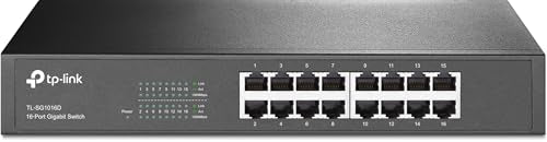 TP-Link TL-SG1016D 16-Port Gigabit-/Netzwerk Switch (Rackmount, 32Gbit/S Switching-Kapazität, Geschirmte RJ-45 Ports, Metallgehäuse, Igmp-Snooping, Unmanaged, Plug-und-Play) Schwarz