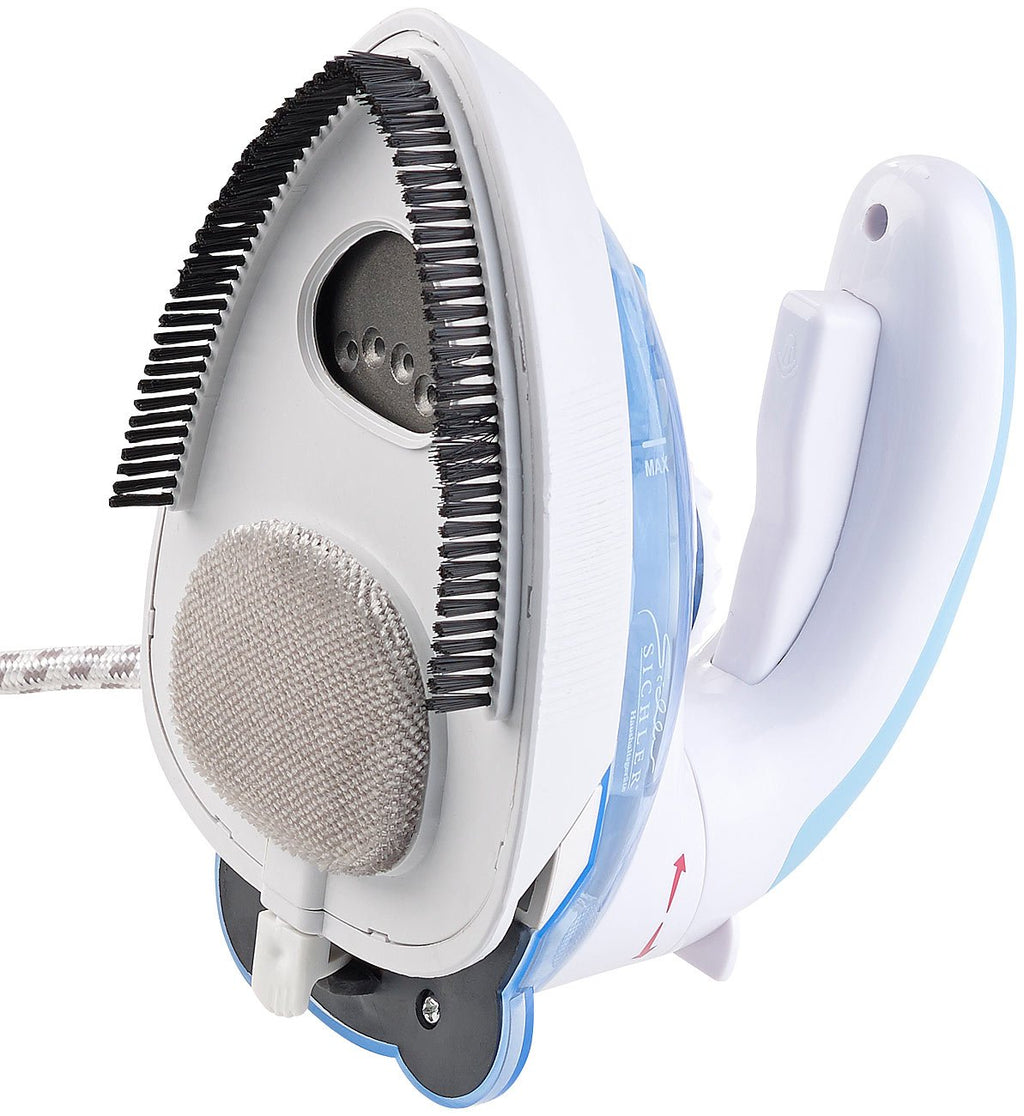 Sichler Haushaltsgeräte Reisebügeleisen: 2in1-Reise-Dampfbügeleisen mit Dampfbürste, 800 W, 110 & 230 V (Mini Reisebügeleisen, Kleines, Jacke)