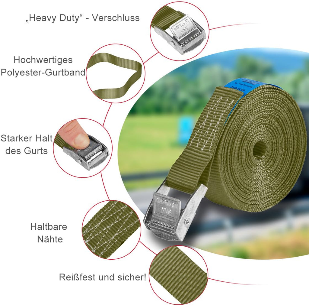 Sandax 6X Spanngurte mit Klemmschloss im Set, 4m lang, 25mm breit, Oliv-grün, Zurrgurte mit Klemmverschluss kurz, belastbar bis 250kg, DIN EN 12195-2, Einteilige Befestigungsgurte Klemmschlossgurte