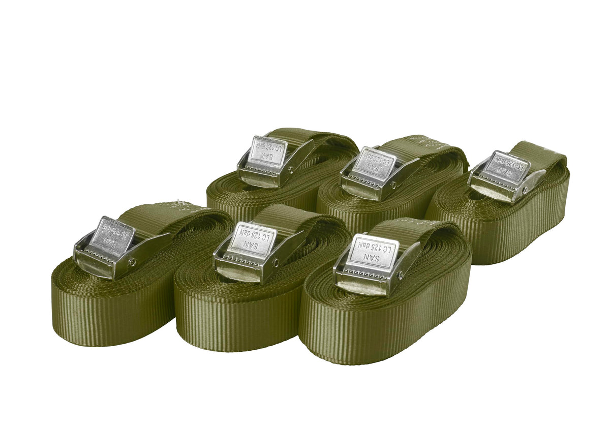 Sandax 6X Spanngurte mit Klemmschloss im Set, 4m lang, 25mm breit, Oliv-grün, Zurrgurte mit Klemmverschluss kurz, belastbar bis 250kg, DIN EN 12195-2, Einteilige Befestigungsgurte Klemmschlossgurte
