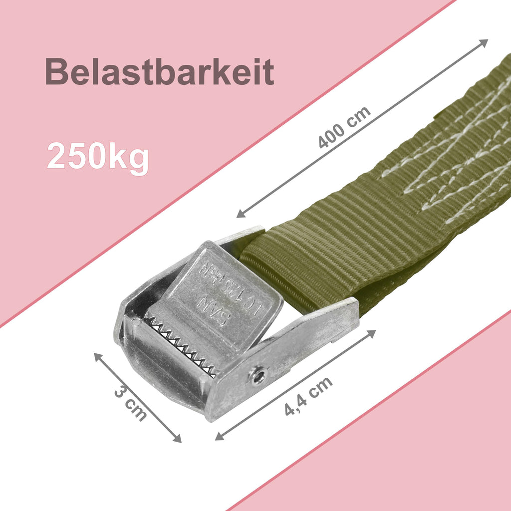 Sandax 6X Spanngurte mit Klemmschloss im Set, 4m lang, 25mm breit, Oliv-grün, Zurrgurte mit Klemmverschluss kurz, belastbar bis 250kg, DIN EN 12195-2, Einteilige Befestigungsgurte Klemmschlossgurte