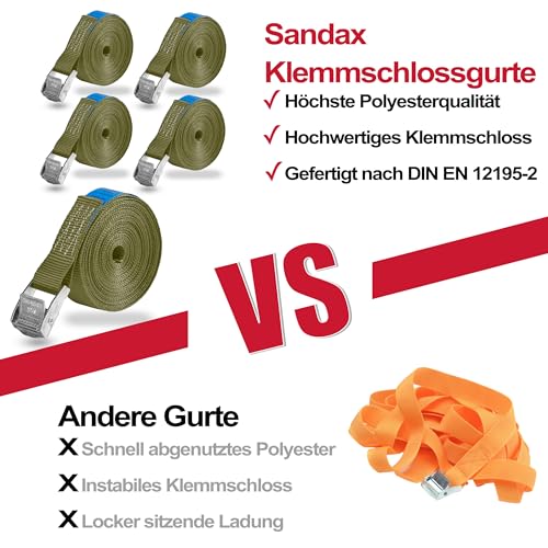 Sandax 6X Spanngurte mit Klemmschloss im Set, 4m lang, 25mm breit, Oliv-grün, Zurrgurte mit Klemmverschluss kurz, belastbar bis 250kg, DIN EN 12195-2, Einteilige Befestigungsgurte Klemmschlossgurte